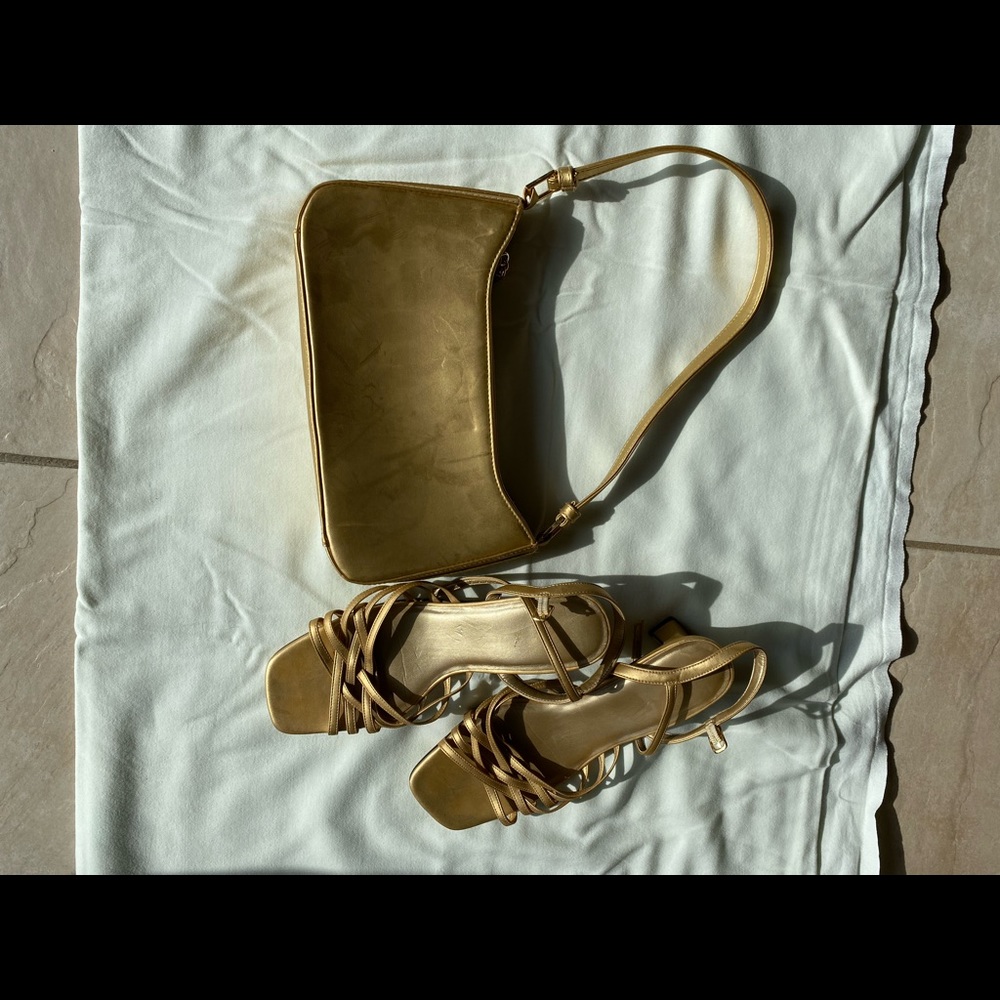 Gold kitten heel with matte gold clutch bag set.
